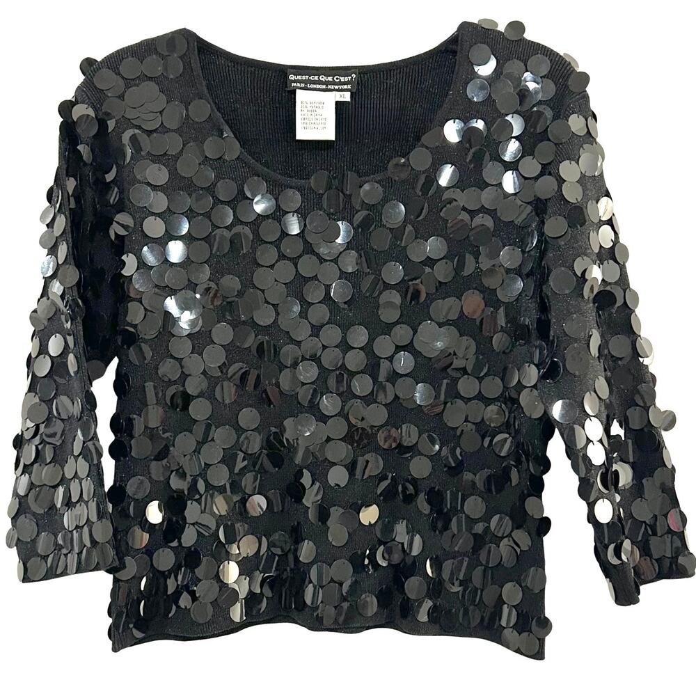 Quest-ce Que C’est? Y2K Black Sequin Disc Silk Blend Top